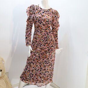 ZARA Floral Ruched Midi Puff Sleeve Dress SZ M